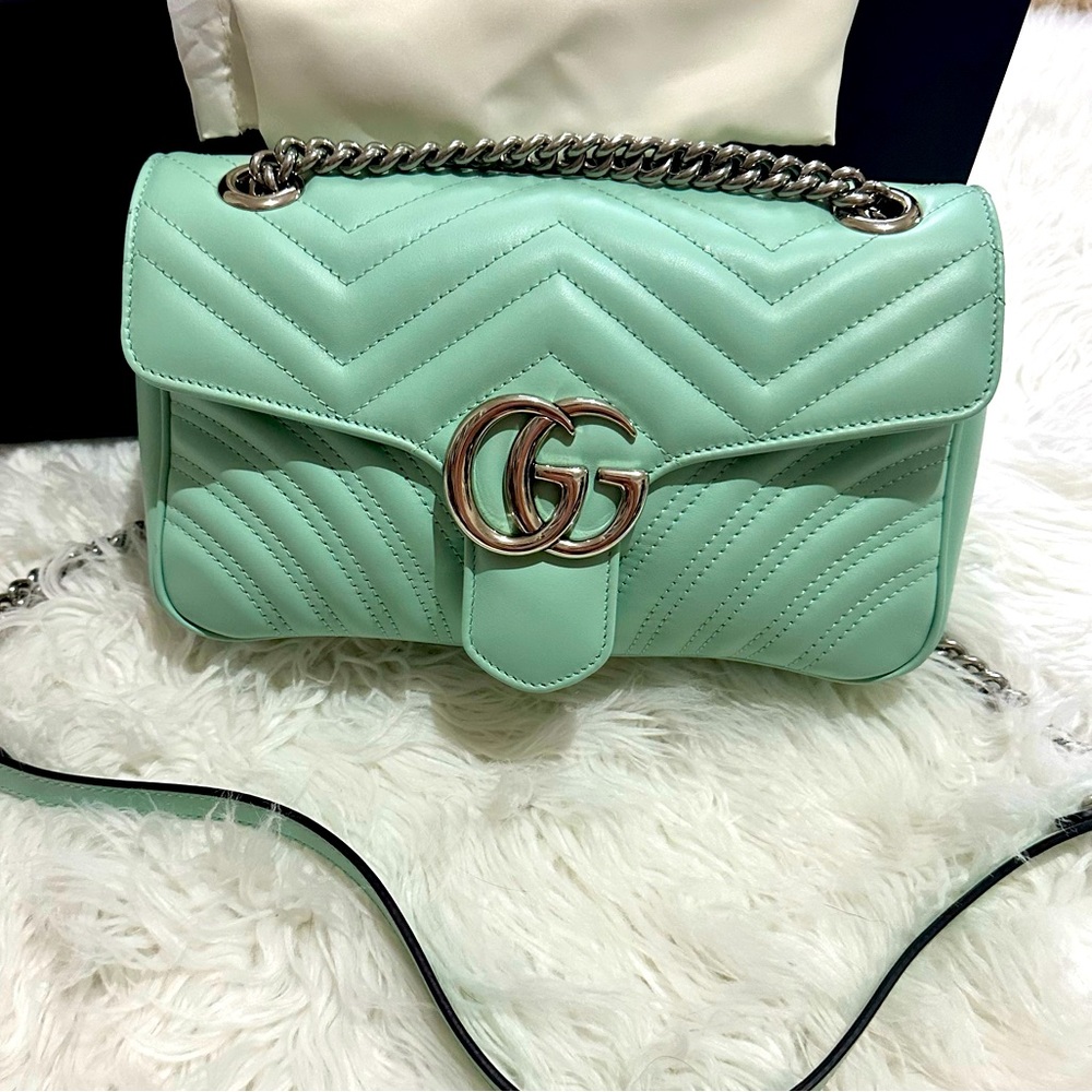 GUCCI GG Marmont Small Shoulder Bag, Water Green, Leather